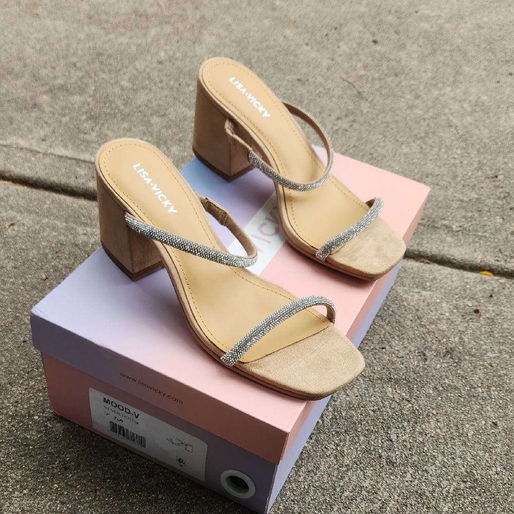 Tan and Silver Heeled Sandals with Modern Design